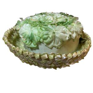 Ladies Green Floral Vintage Breton Style Hat Wide Ribbon Accent Union Made